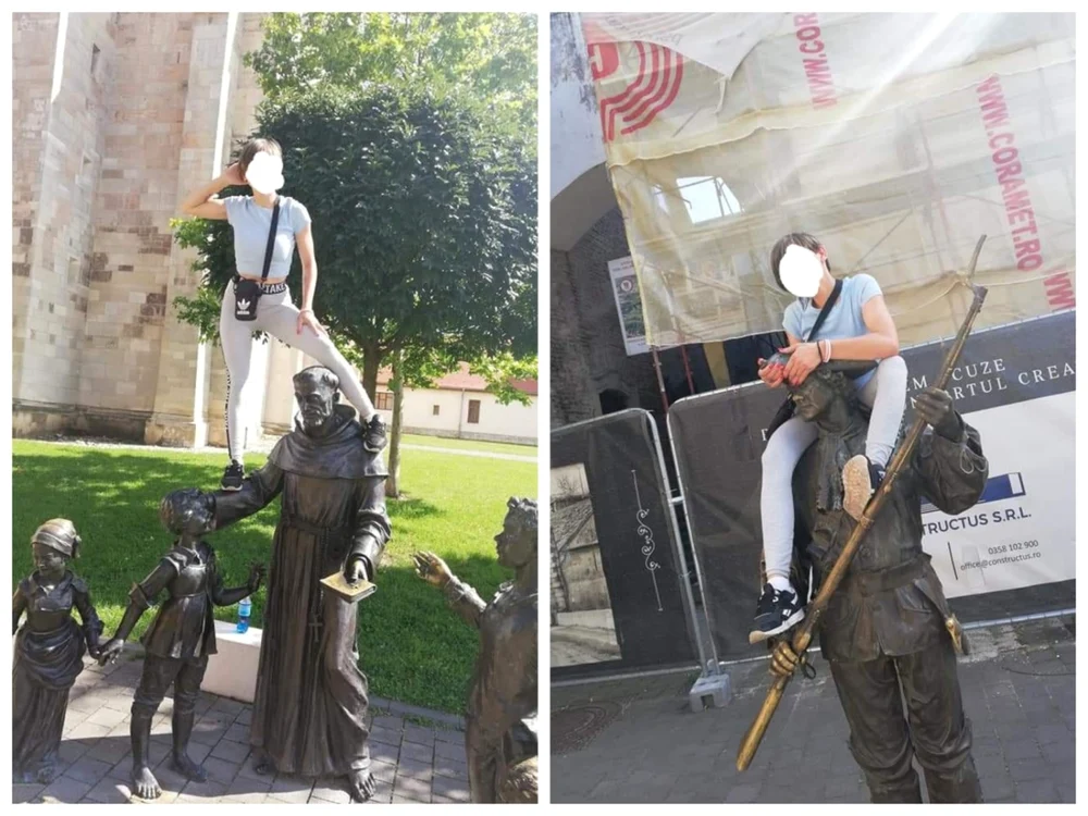 Tânăra s-a urca pe statui şi s-a fotografiat