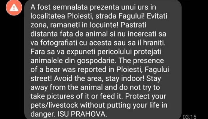 Mesa RO-Alert primit la Ploiești SURSA ISU PH