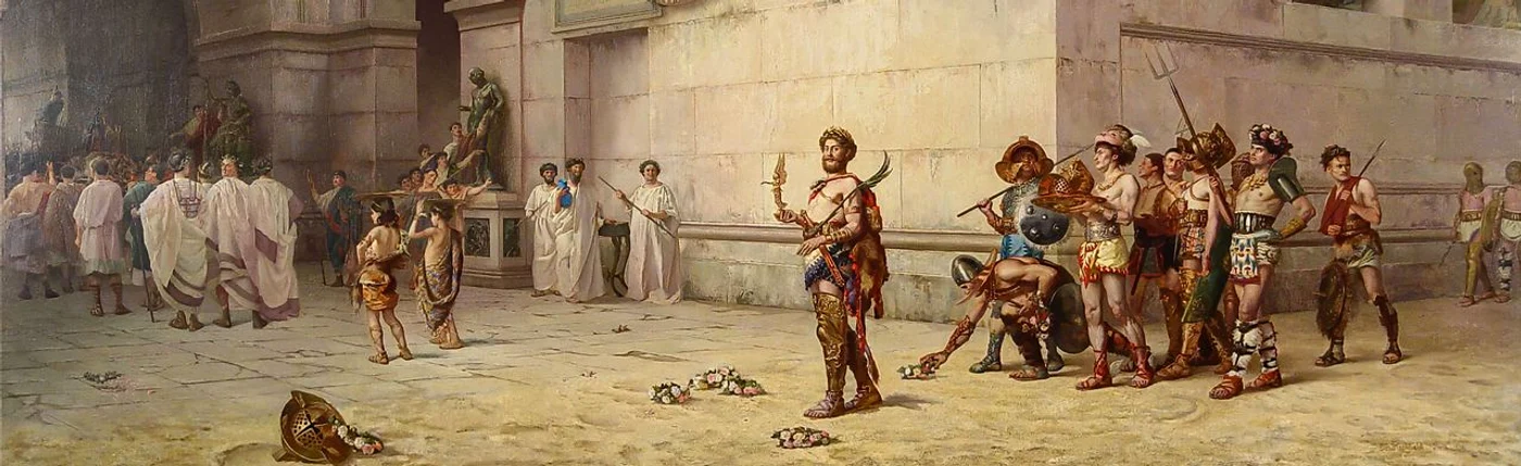 Împăratul Commodus părăsind arena în fruntea gladiatorilor, pictură de Edwin Howland Blashfield