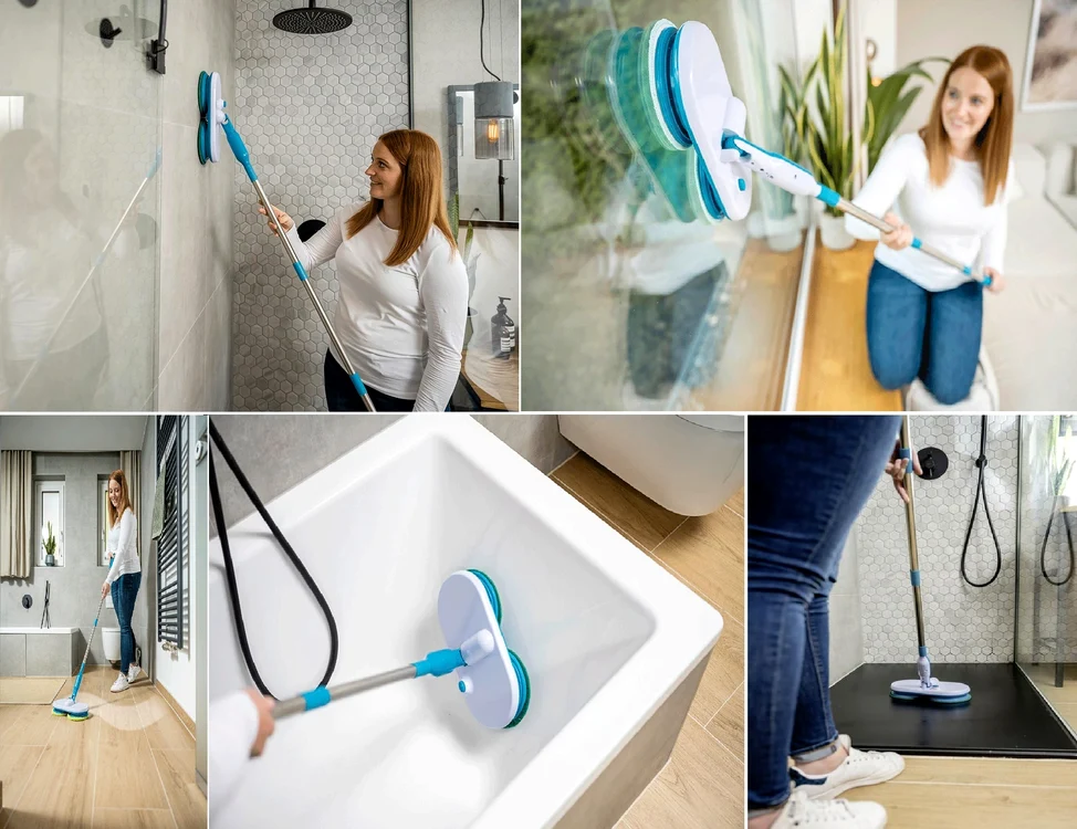 Mop electric cu capete rotative Hurricane Floating Mop, în acțiune, pe suprafețe diverse