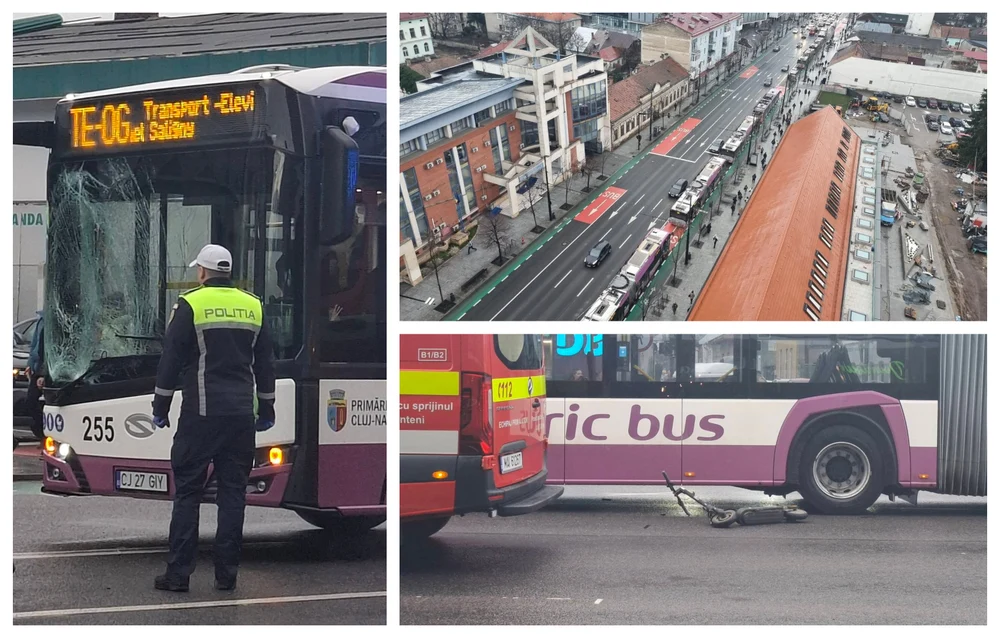 Un adolescent pe trotinetă și cu căști a fost lovit de autobuz în Cluj Napoca, după ce a traversat neregulamentar
