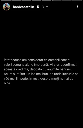 Mesajul transmis publicului de Cătălin Bordea / foto: Captură InstaStory