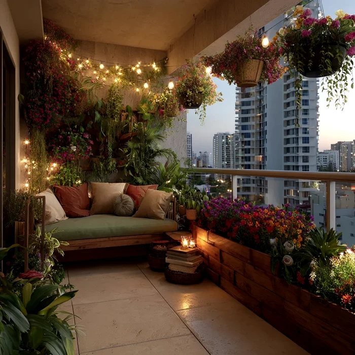 Balcon de bloc amenajat cu iluminat ambiental și plante în ghiveci spectaculoase Sursă Ideal House