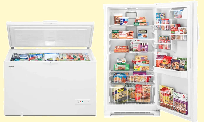 Lăzi frigorifice, orizontală și verticală, pline cu alimente congelate Foto Whirpool com