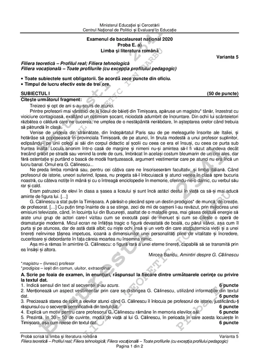 Bacalaureat 2020. Subiectele la limba și literatura română