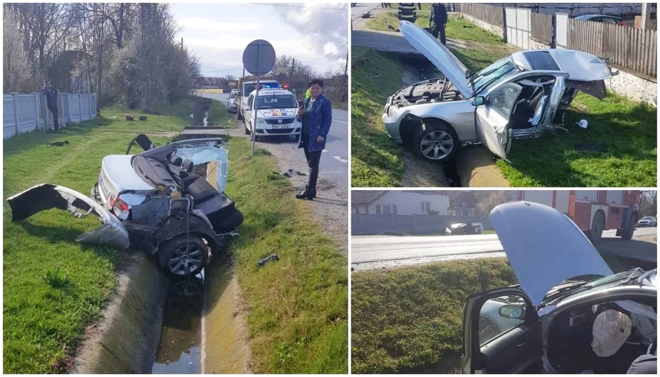 imaginile de la locul accidentului arată dimensiunea dezastrului. Practic, după ce s-a izbit de capul de pod, maşina s-a rupt efectiv în două. SURSA: Observatornews.ro