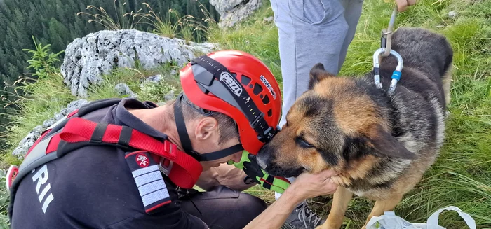 Rex, „mulțumindu-i“ pompierului alpinist Ciprian Oprișan FOTO Silvia Ioniche