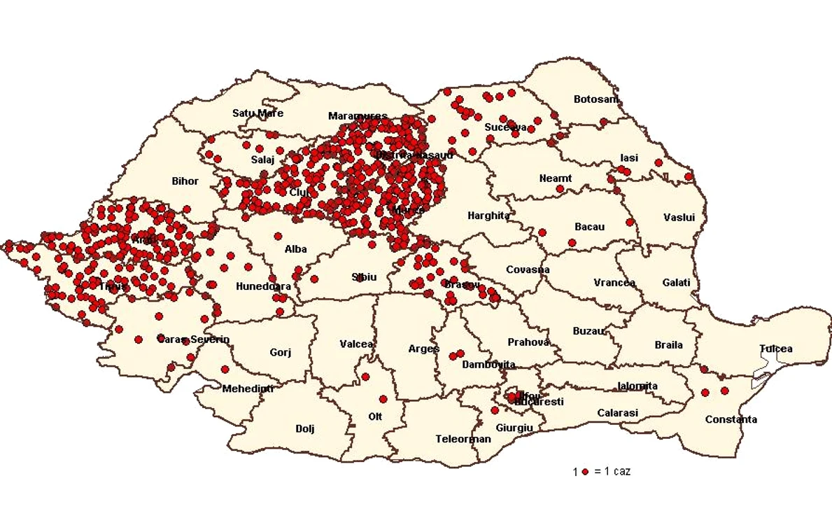 Fiecare punct roșu de pe hartă reprezintă un caz de îmbolnăvire în rândul copiilor (foto: Ministerul Sănătății)