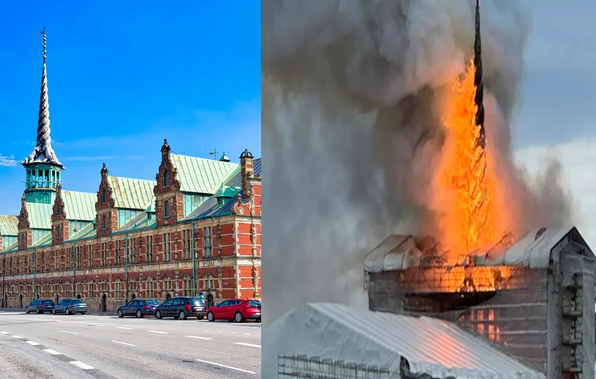 Celebra clădire a Bursei de Valori din Copenhaga, mistuită de flăcări FOTO Colaj Twitter (X)