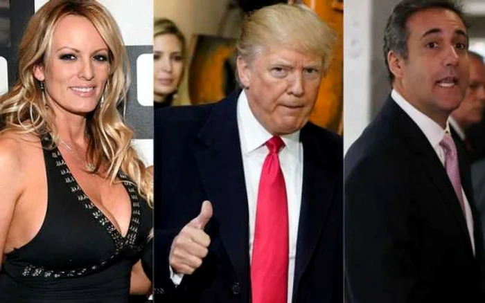 Colaj cu fostul iepuraş Playboy Karen McDougal, preşedintele american Donald Trump (centru) şi fostul său avocat  Michael Cohen FOTO walkerwire.com