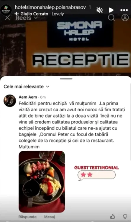 Recenzia lăsată de către vizitatorul hotelului Simonei Halep  Foto/Instagram 