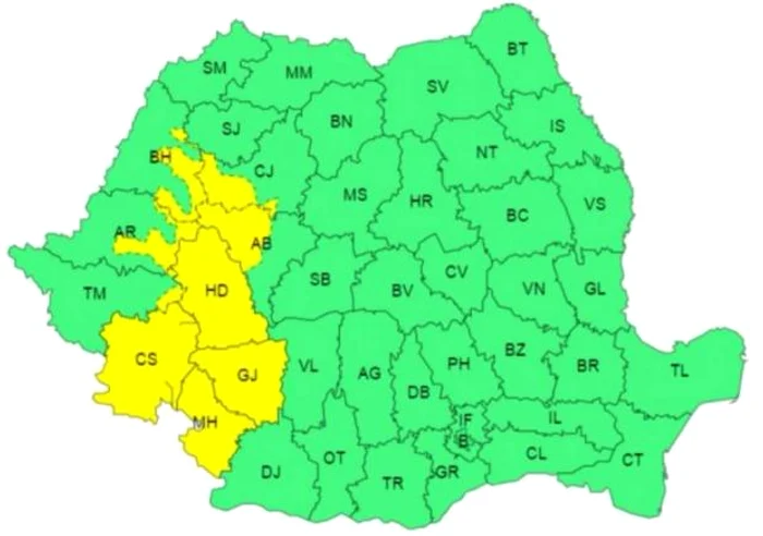Zonele vizate de codul galben Foto: ANM