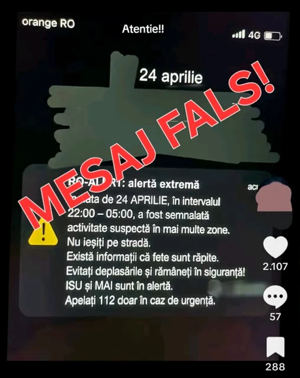 Avertisment privind mesaje false RO-Alert în mediul online. FOTO: Facebook 