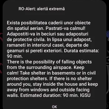Mesaje RO Alert, primite de locuitorii aflați în apropiere de portul Reni FOTO: captura telefon