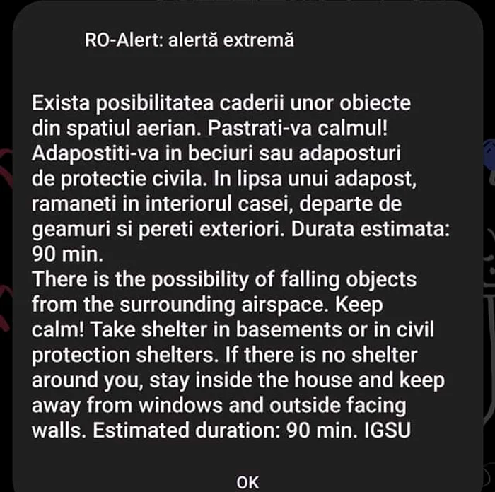Mesaje RO Alert, primite de locuitorii aflați în apropiere de portul Reni FOTO: captura telefon