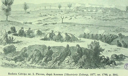 Plevna. Reduta Grivița II, după Koenen, în „Illustrierte Zeitung”, 1877, nr. 1790, p. 304 (© Arhivele Naționale ale României, Bibliotecă, Nicolae Iorga, Războiul din 1877-8 în ilustrații, p. 28-21, în „Almanahul Graficei Române” , Craiova, 1929)