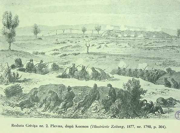 Plevna. Reduta Grivița II, după Koenen, în „Illustrierte Zeitung”, 1877, nr. 1790, p. 304 (© Arhivele Naționale ale României, Bibliotecă, Nicolae Iorga, Războiul din 1877-8 în ilustrații, p. 28-21, în „Almanahul Graficei Române” , Craiova, 1929)