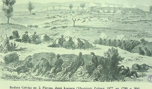Plevna. Reduta Grivița II, după Koenen, în „Illustrierte Zeitung”, 1877, nr. 1790, p. 304 (© Arhivele Naționale ale României, Bibliotecă, Nicolae Iorga, Războiul din 1877-8 în ilustrații, p. 28-21, în „Almanahul Graficei Române” , Craiova, 1929)