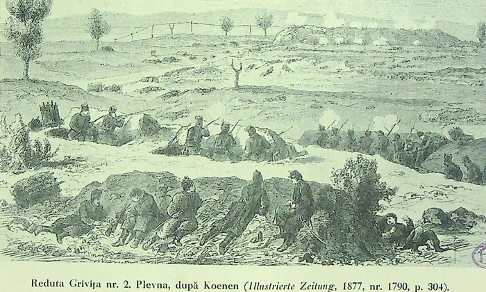 Plevna. Reduta Grivița II, după Koenen, în „Illustrierte Zeitung”, 1877, nr. 1790, p. 304 (© Arhivele Naționale ale României, Bibliotecă, Nicolae Iorga, Războiul din 1877-8 în ilustrații, p. 28-21, în „Almanahul Graficei Române” , Craiova, 1929)