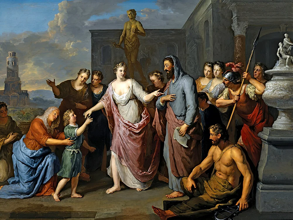 Olympia în prezintă pe tânărul Alexandru lui Aristotel. Pictură de Gerard Hoet 