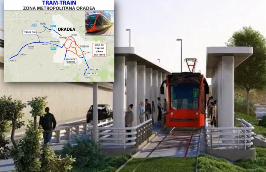 Prima rețea de tram-tren din România va fi realizată la Oradea. 14 vehicule electrice vor circula pe șinele de tramvai și pe cele de tren