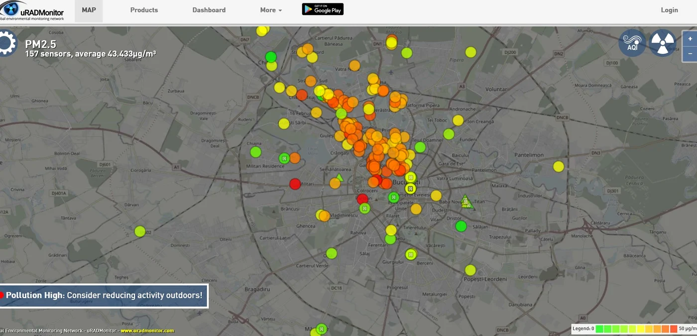 Calitatea aerului, monitorizată în București. Sursa: uradmonitor.com