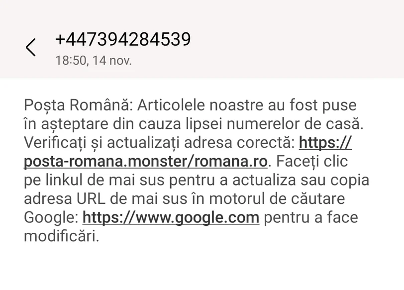 Exemplu SMS fraudulos în care este folosit numele companiei „Poșta Română”