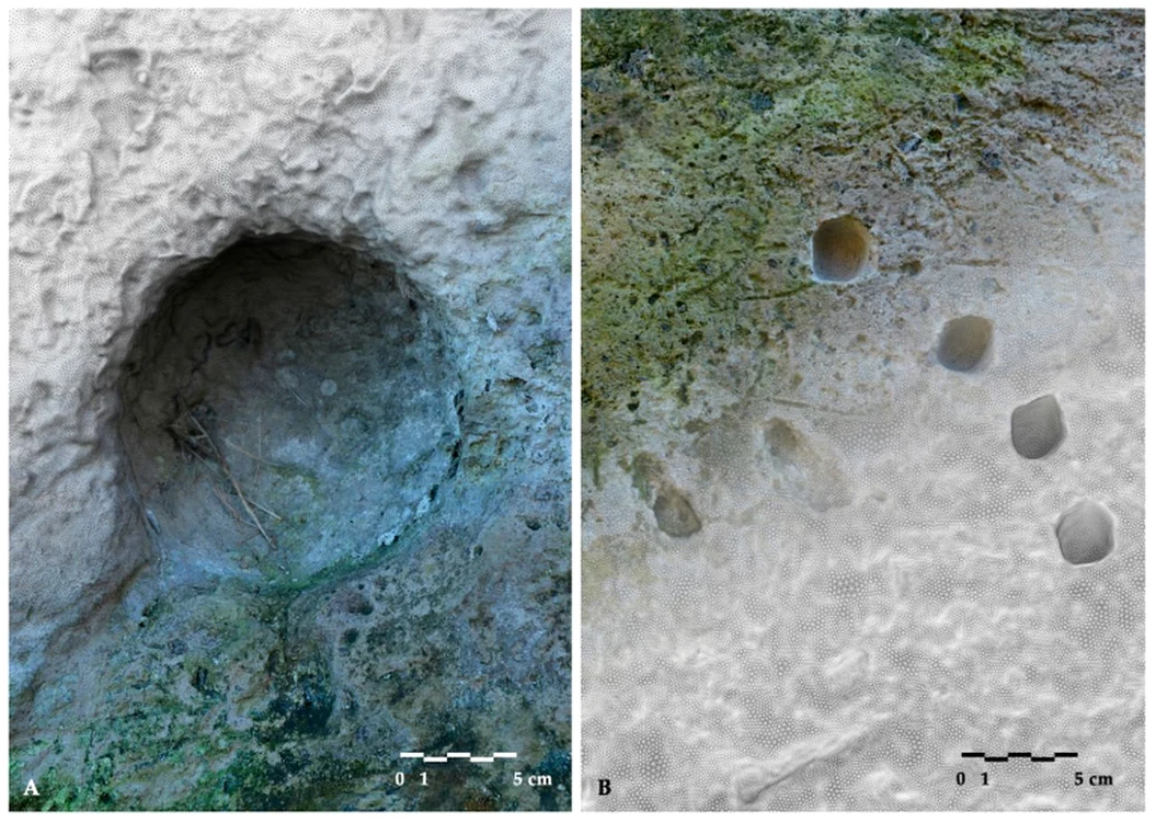 O comparație la scară: În stânga, impactul unui proiectil sferic de piatră; în dreapta, impactul unor proiectile de polybolos cu vârf metalic (© Heritage / Adriana Rossi, et al)
