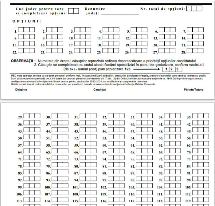 Pe paginile 2 și 3 ale fișei de înscriere la liceu 2020 elevii trebuie să noteze opțiunile dorite