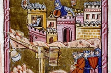 Un trebuchet folosit în timpul asediului orașului Antiohia. Miniatură medievală (© Bibliothèque municipale de Lyon / Portail Biblissima)