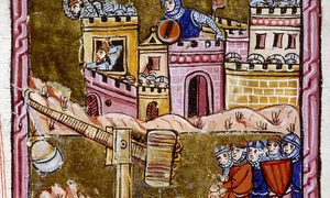 Un trebuchet folosit în timpul asediului orașului Antiohia. Miniatură medievală (© Bibliothèque municipale de Lyon / Portail Biblissima)