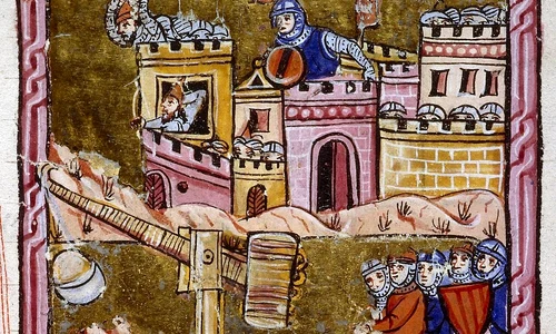 Un trebuchet folosit în timpul asediului orașului Antiohia. Miniatură medievală (© Bibliothèque municipale de Lyon / Portail Biblissima)