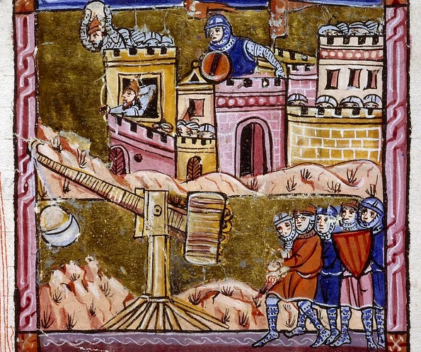 Un trebuchet folosit în timpul asediului orașului Antiohia. Miniatură medievală (© Bibliothèque municipale de Lyon / Portail Biblissima)