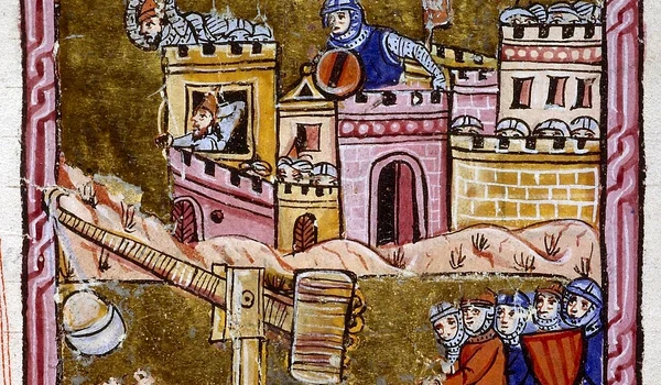 Un trebuchet folosit în timpul asediului orașului Antiohia. Miniatură medievală (© Bibliothèque municipale de Lyon / Portail Biblissima)