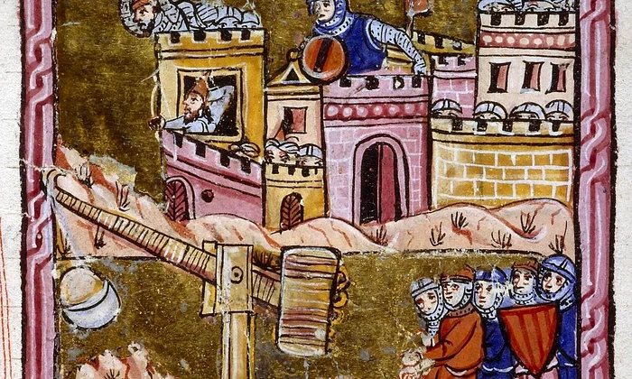 Un trebuchet folosit în timpul asediului orașului Antiohia. Miniatură medievală (© Bibliothèque municipale de Lyon / Portail Biblissima)