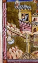 Un trebuchet folosit în timpul asediului orașului Antiohia. Miniatură medievală (© Bibliothèque municipale de Lyon / Portail Biblissima)