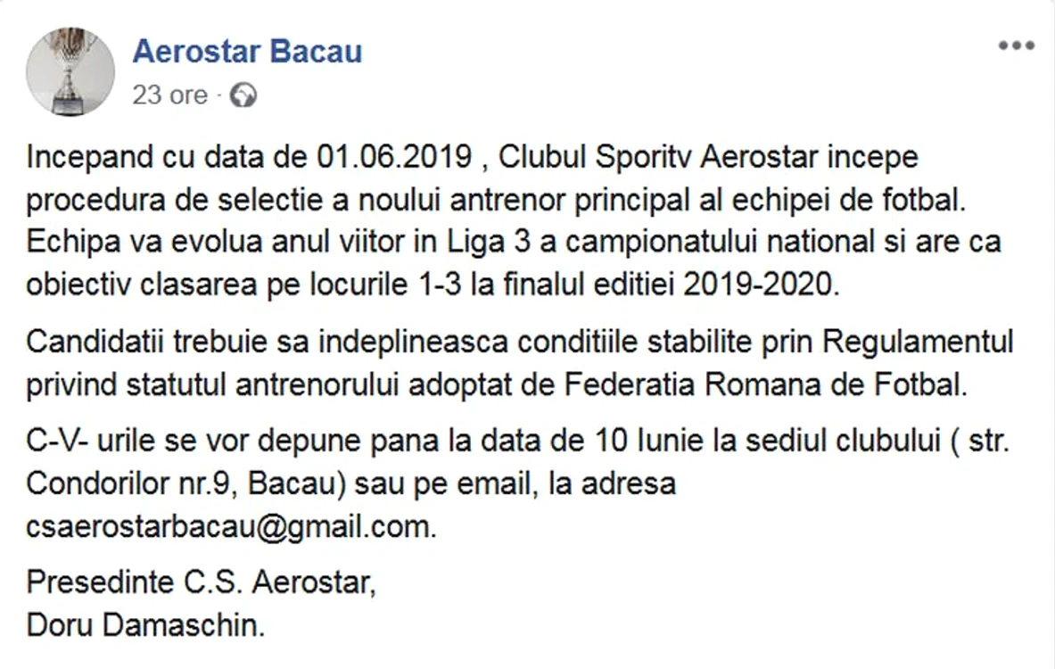 Anunțul de angajare postat pe Facebook de Aerostar Bacău