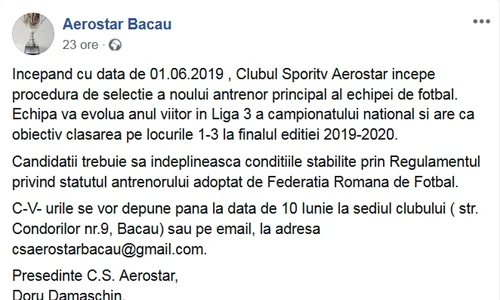 Anunțul de angajare postat pe Facebook de Aerostar Bacău jpeg