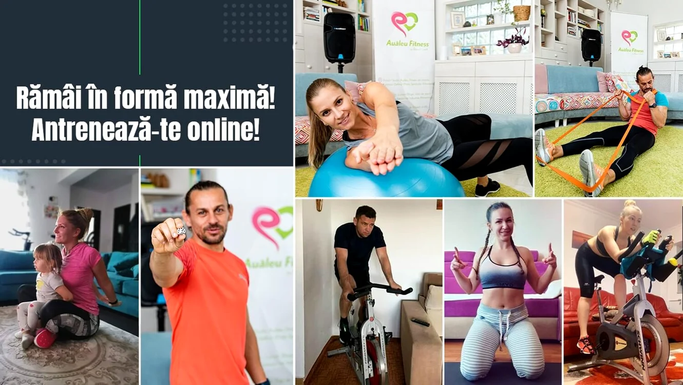 Colaj de imagini cu persoane care fac fitness digital la domiciliu și antrenori online AualeuFitness