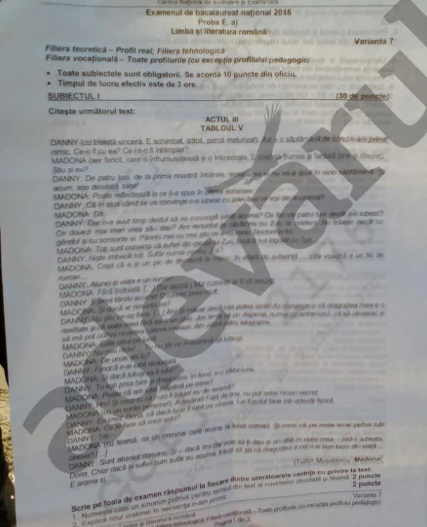 Subiecte Bacalaureat 2016 Limba Română