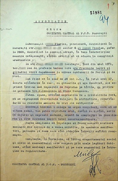 Cum se turnau vecinii la Securitate: „Aflându-se în casă, cu ușa deschisă, s-a exprimat într-un mod imposibil de reprodus la adresa tov. Ceaușescu“