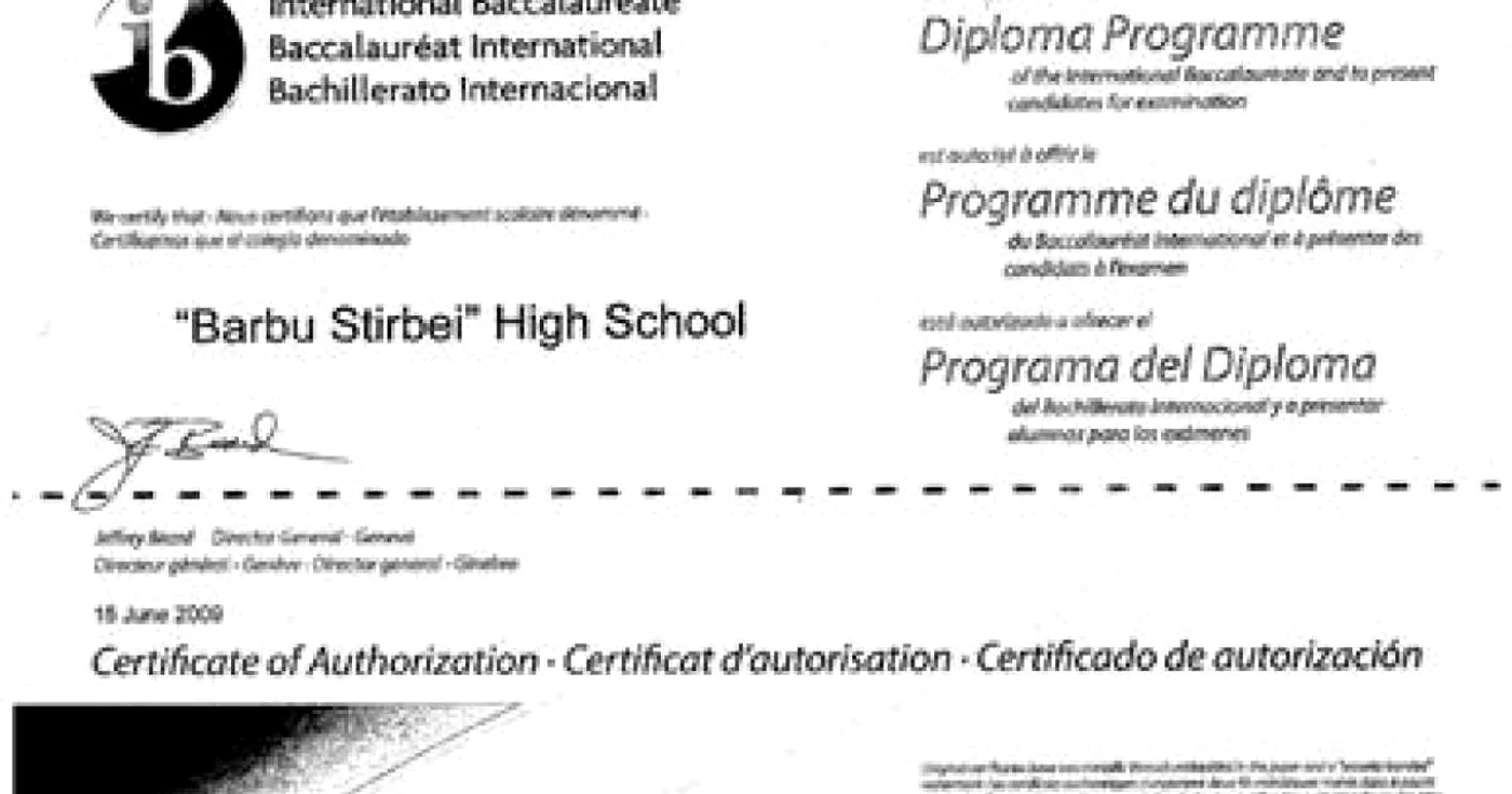 O realizare istorică în educaţie: C.N. "Barbu Ştirbei" Călăraşi - singura şcoală publică din România acreditată IB! Partener CSR: Tenaris Silcotub