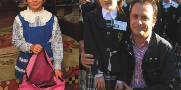Ramona Struţ a mers în prima zi de şcoală cu ghiozdanul aproape gol (stânga); Sara alături de tatăl ei, Emilian Tarcan, în prima zi de şcoală (dreapta)