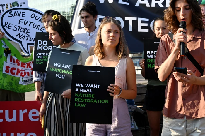 Greta Thunberg protestează în fața Parlamentului European FOTO Profimedia