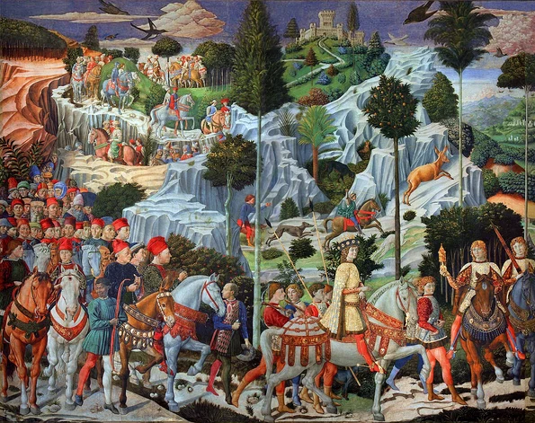 Membri ai familiei de Medici, reprezentați într-un tablou alegoric de Benozzo Gozzoli (© Wikimedia Commons) 