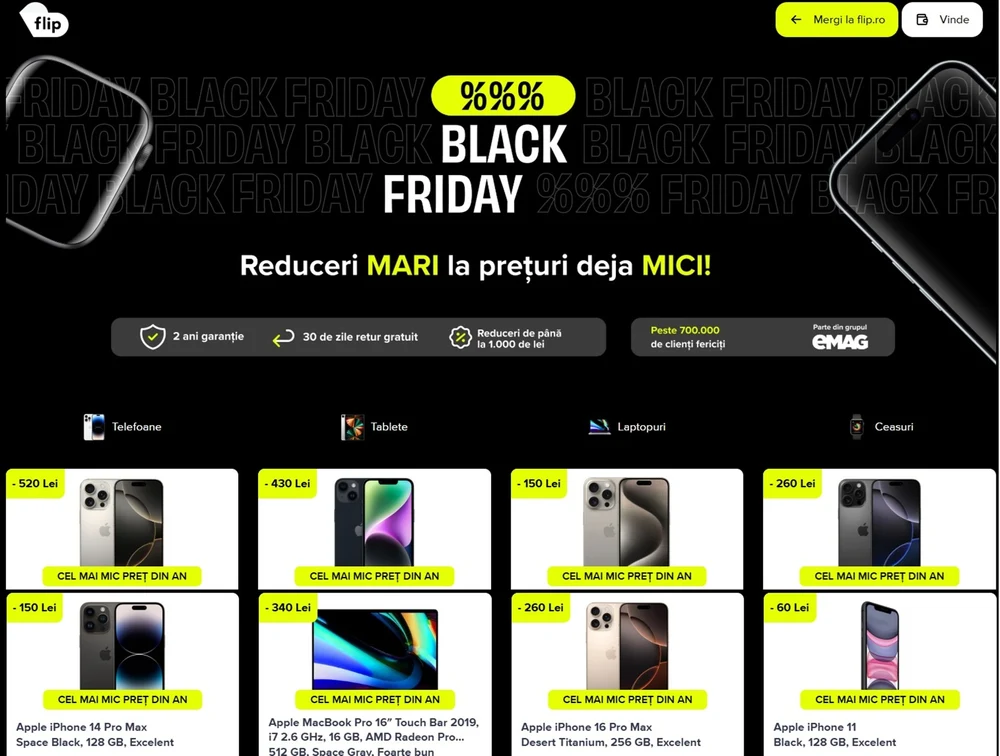Black Friday 2025 pe Flip.ro: cele mai mari reduceri la iPhone – economii de până la 1.000 de lei și telefoane premium sub 1.000 €