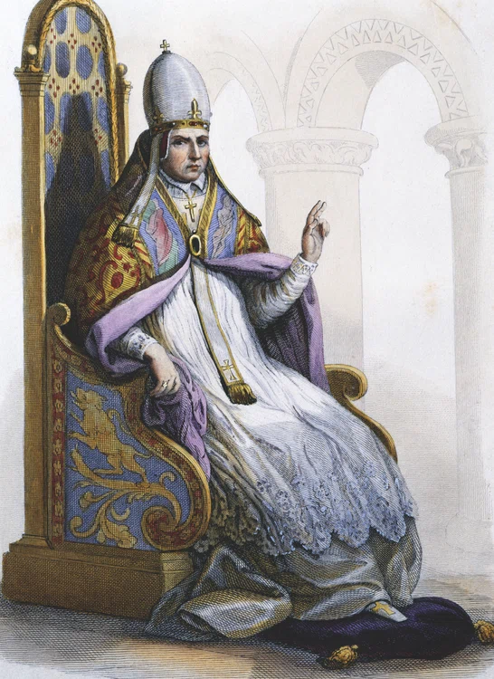 Gerbert din Aurillac devine Papa Silvestru al II-lea în anul 999. Gravură de secol XIX.