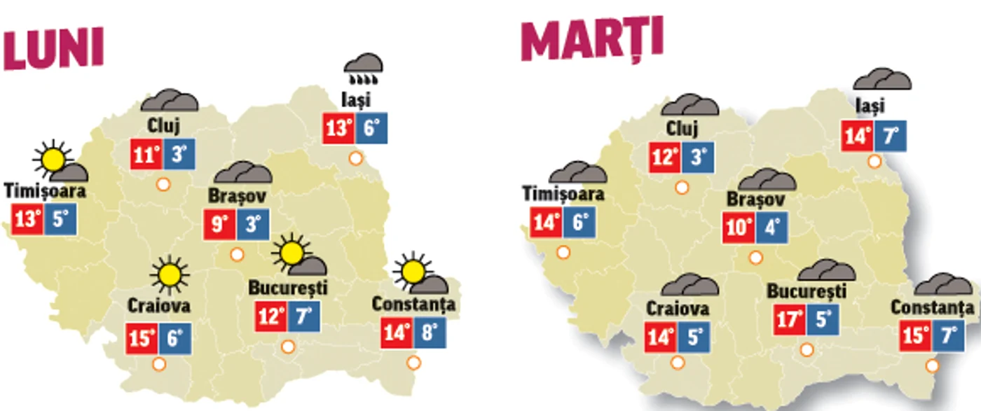 Prognoza meteo pentru următoarele două zile anunță că vremea va fi instabilă din punct de vedere termic