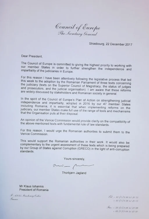 Scrisoare SG Consiliul Europei pentru Iohannis 