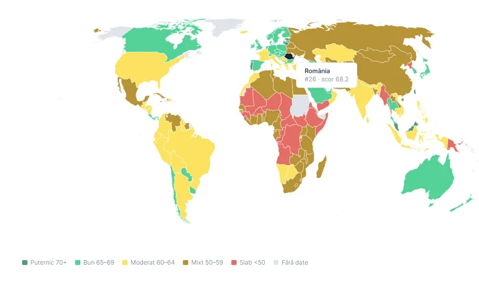 Harta lumii, cu țări colorate conform indicelui Rumavi